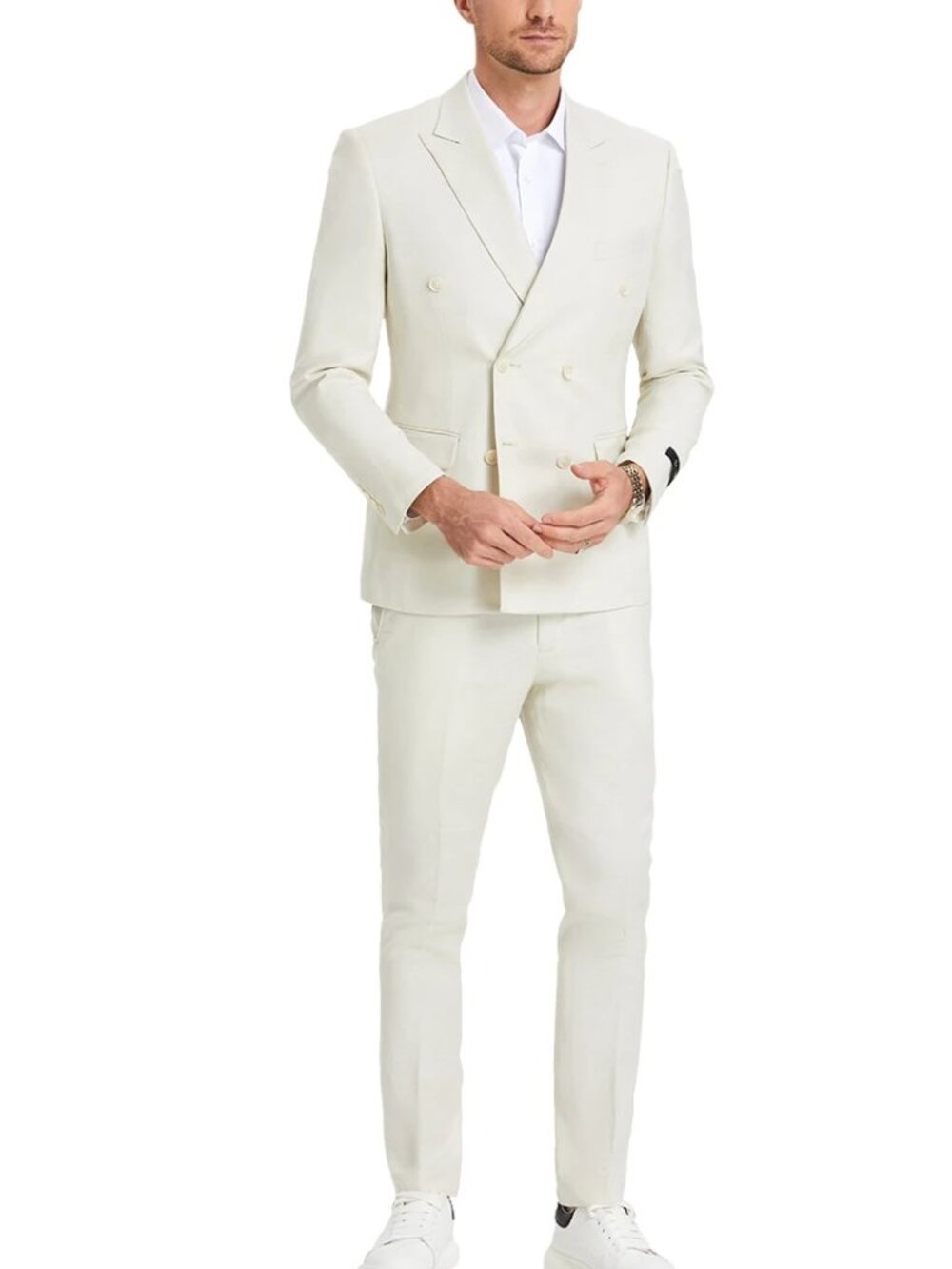 Ivory Double Breasted Peak Lapel Linen Skinny Fit Men's Suit